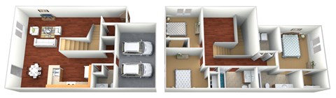a floor plan of a two bedroom apartment with two bathrooms and a living room with a fireplace